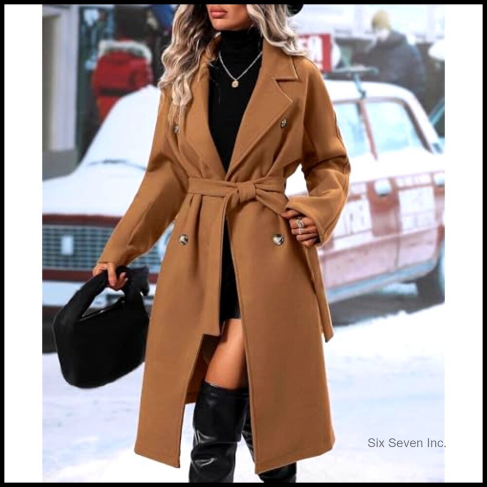 Women's Double Breasted Wool Pea Coat with Belt, Notch Lapel, Long Sleeve - Picture 5 of 5